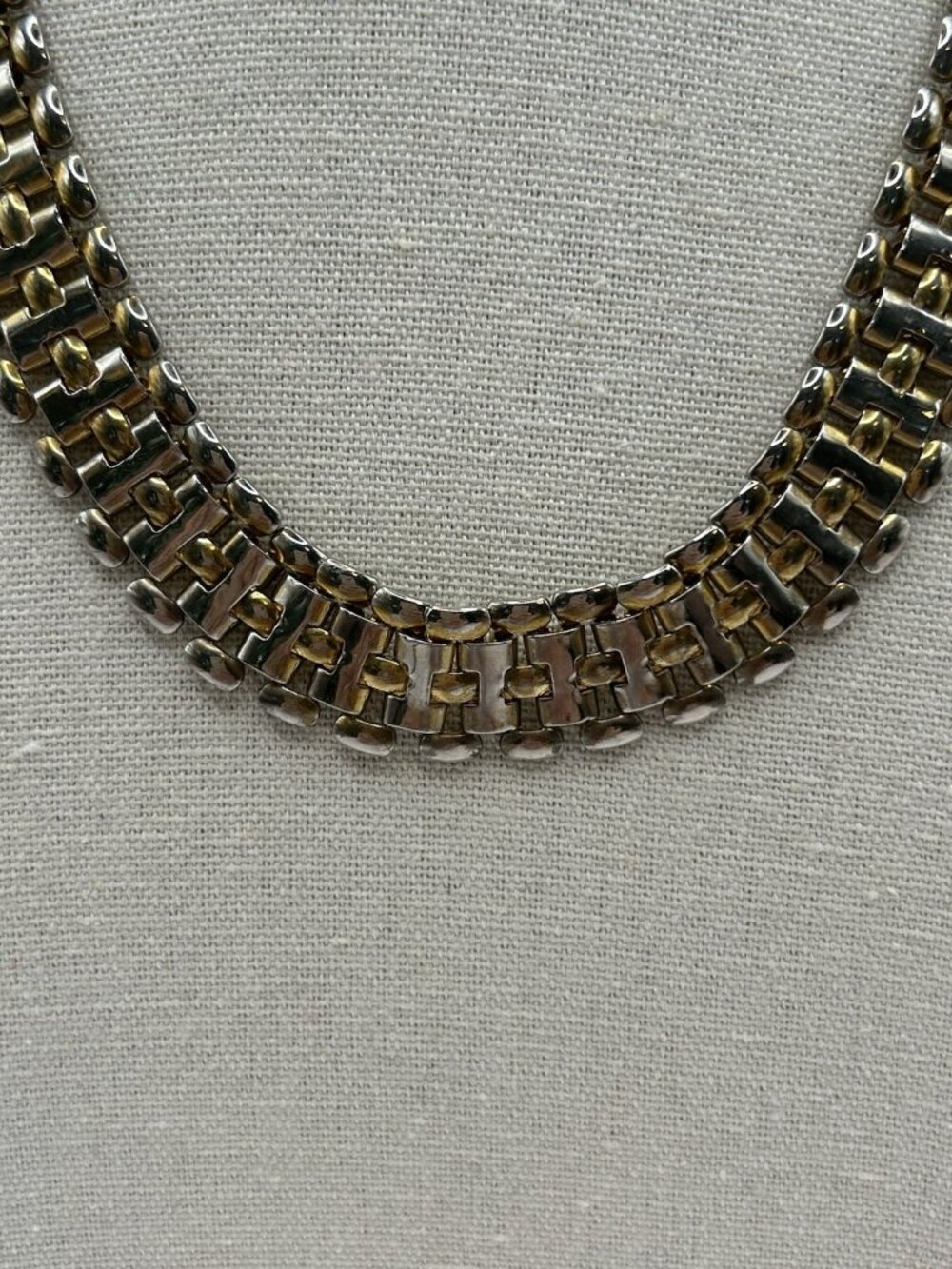 Vintage Two Tone Link Necklace Silver Gold Tone Chunky Statement 17” Bold Panel - Picture 2 of 11